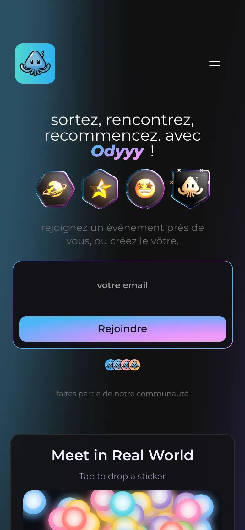 odyyy.com sur un téléphone : le slogan sortez, rencontrez, recommencez avec Odyyy, quatre trophées, le champ votre email et le bouton Rejoindre