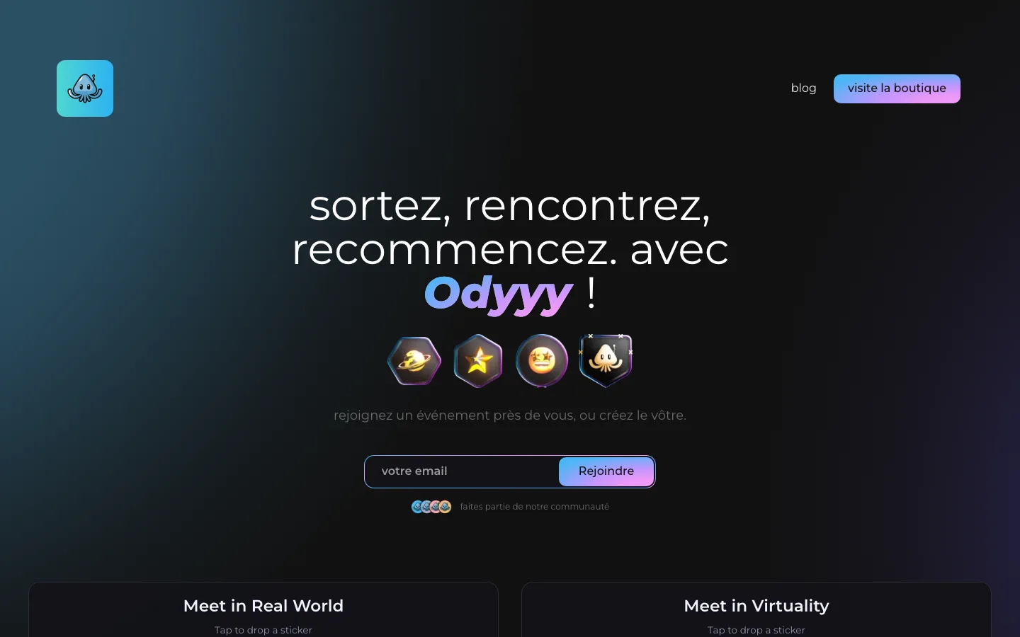 Page d'accueil d'odyyy.com : le slogan sortez, rencontrez, recommencez, quatre trophées et un champ d'inscription, sur fond sombre