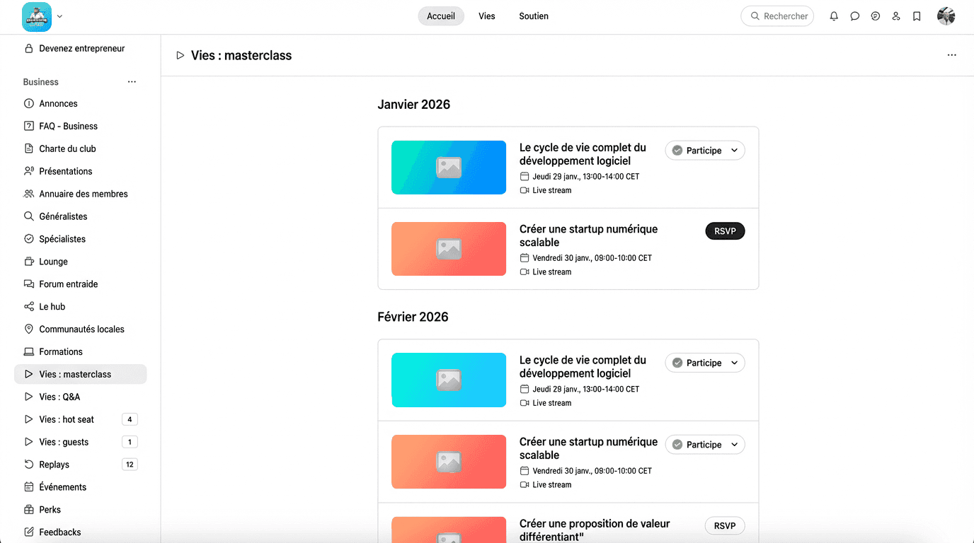 Capture de l'espace privé du club Awesome Lab, avec la navigation par sections, l'annuaire des membres et la page des masterclass