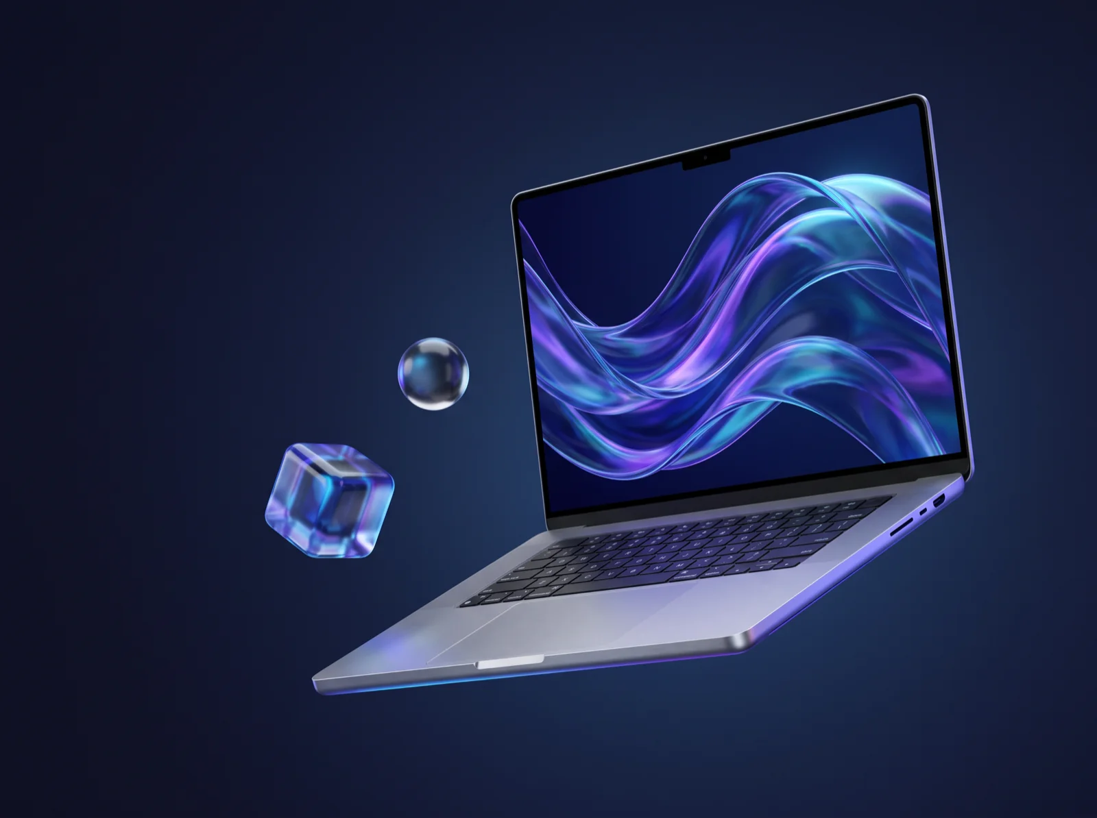 Ordinateur portable en aluminium dépoli dont l'écran affiche des vagues de verre irisées bleues et violettes, entouré de formes en verre