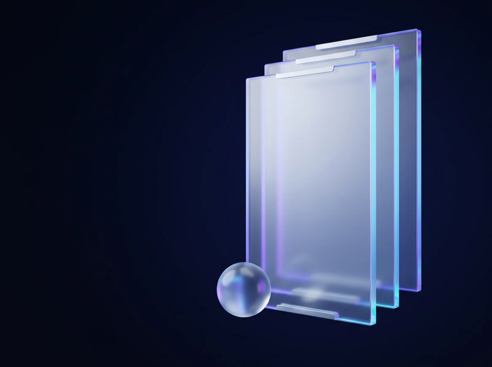 Trois panneaux de verre translucide superposés en perspective, aux bords bleus, violets et cyan, devant une petite sphère de verre