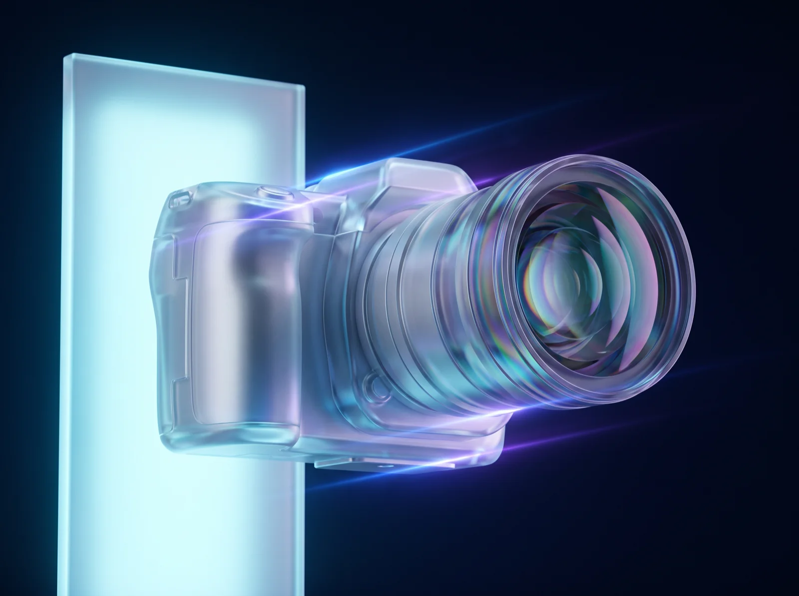 Caméra en verre dépoli et optique irisée, éclairée par un panneau lumineux cyan et des reflets bleus et violets